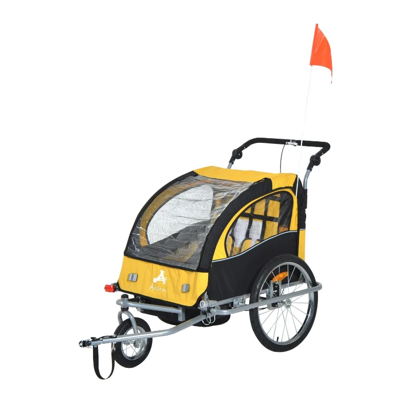 Aosom 2-IN-1 Double Baby Bike Trailer Child Carrier Stroller Jogger Bicycle Trailer Foldable Black & Yellow | Aosom Canada