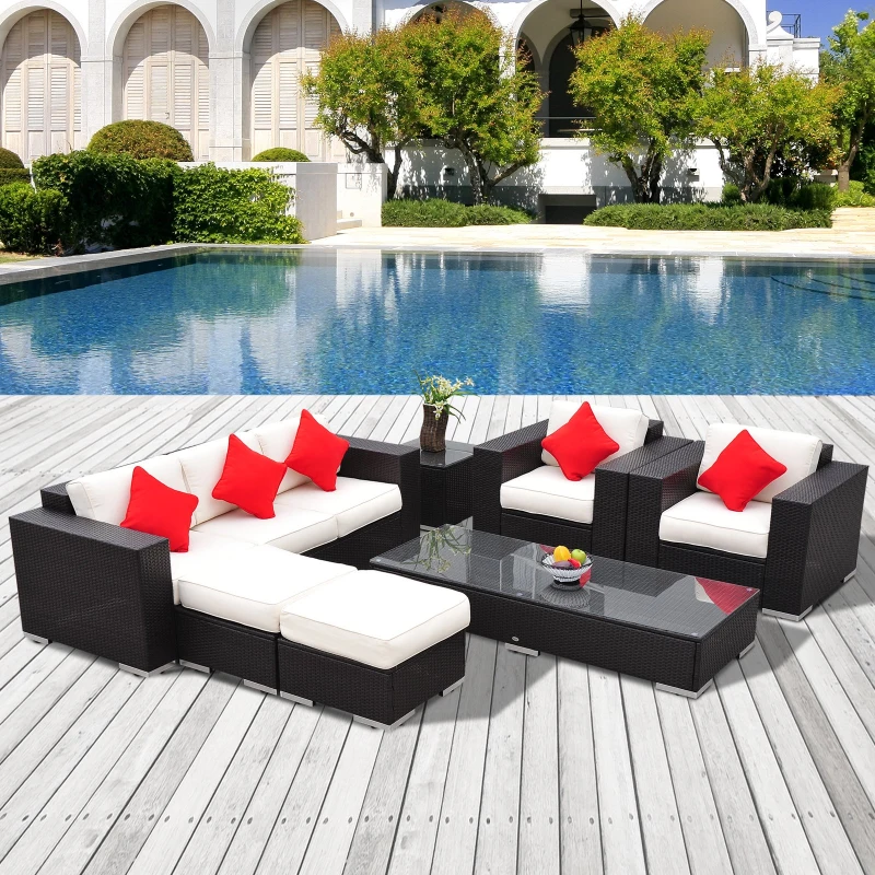 [Pick Up] Outsunny 7pcs Rattan Sofa Wicker Patio Furniture Set Ottoman w/ Pillow and Cushion Aluminum Frame Outdoor Garden