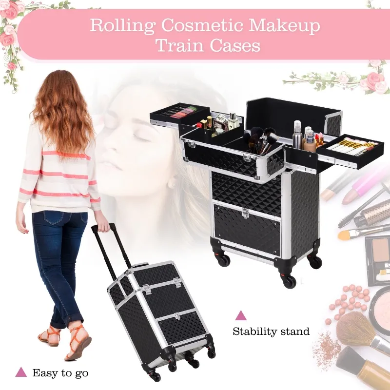 Homcom Makeup Case 20”Train Pro Aluminum Rolling Train Case Wheeled Box Upright Studded Black