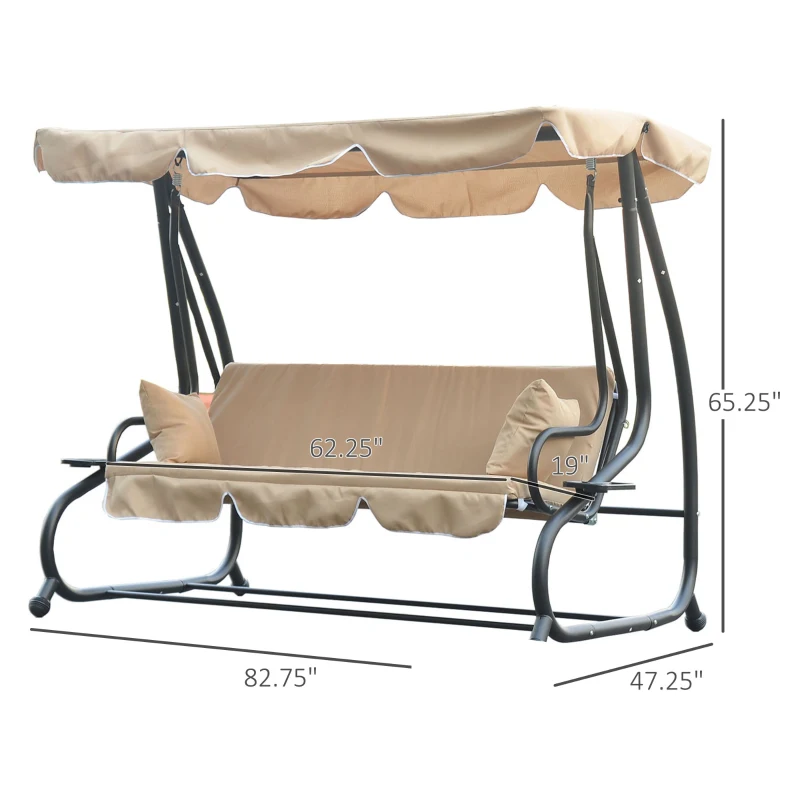 [Pick UP] Outsunny Heavy-duty Metal 3 Seater Outdoor Swing Chair Garden Hammock Bed with Canopy and 2 Pillows Beige