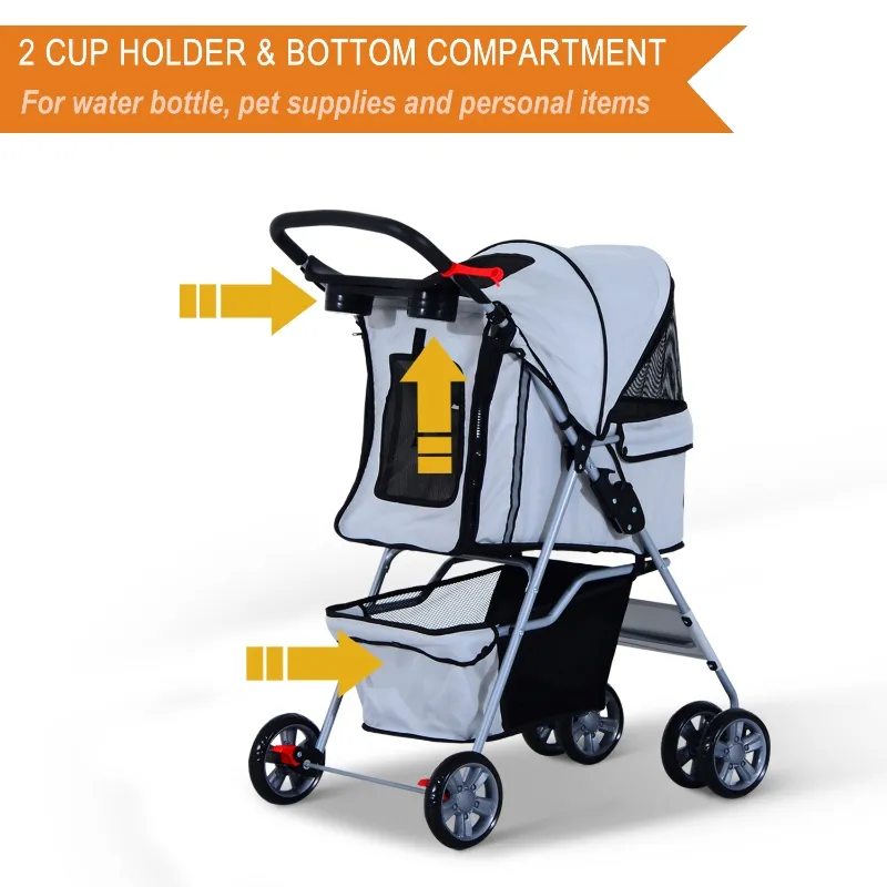 PawHut Jogging Stroller 4 Wheel Pet Stroller Carrier Folding Sunshade Oxford Cloth Canopy w/Brake Lightweight Reflective Strip Grey