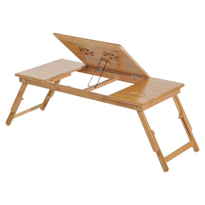 HOMCOM Bed Tray Table Adjustable Bamboo Laptop Tray Desk Notebook Table with Side Drawer and Foldable Legs