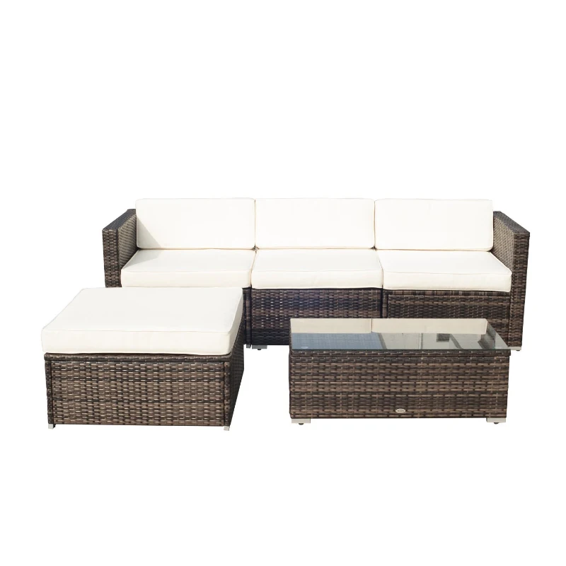 Outsunny 5PC Outdoor Rattan Wicker Sofa Set Aluminum Frame Garden Sectional Patio Furniture with Table Brown