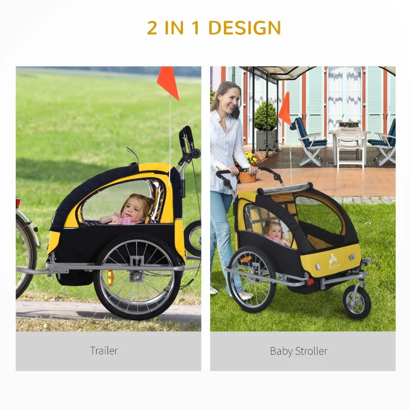 Aosom 2-IN-1 Double Baby Bike Trailer Child Carrier Stroller Jogger Bicycle Trailer Foldable Black & Yellow | Aosom Canada