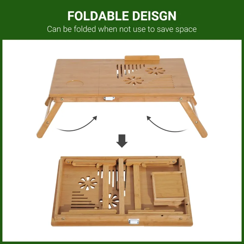 HOMCOM Bed Tray Table Foldable Bamboo Wood Laptop Stand Notebook Desk Table with Drawer, Adjustable Cooling Bed and Legs