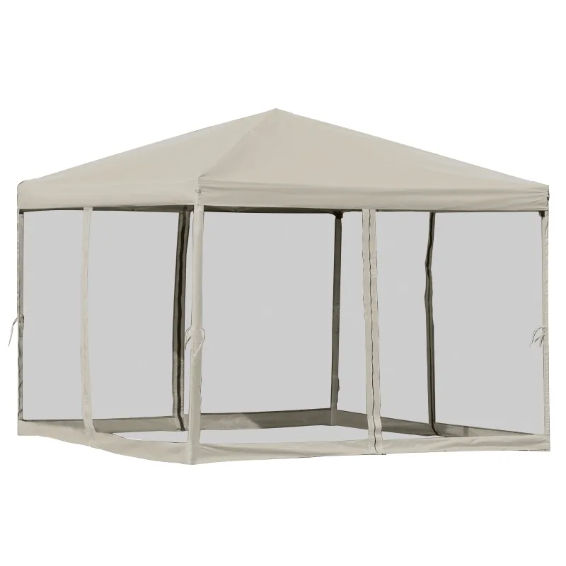 Outsunny 10' x 10' Pop Up Canopy Tent Gazebo with Removable Mesh Sidewall Netting, Carry Bag for Backyard Patio Outdoor, Beige