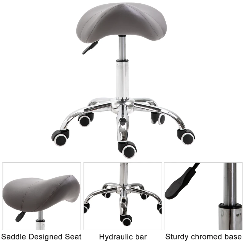 HOMCOM Massage Stool Adjustable Hydraulic Rolling Salon Stool Saddle Swivel Saddle Chair Grey