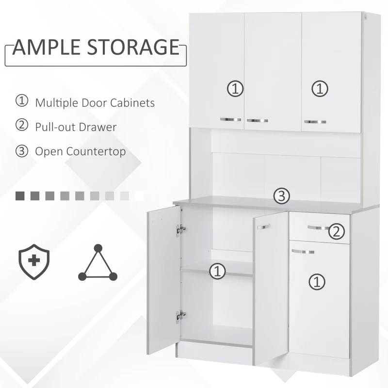 HOMCOM White Kitchen Cupboards 71” Buffet Server Microwave Storage Cabinet Hutch- White