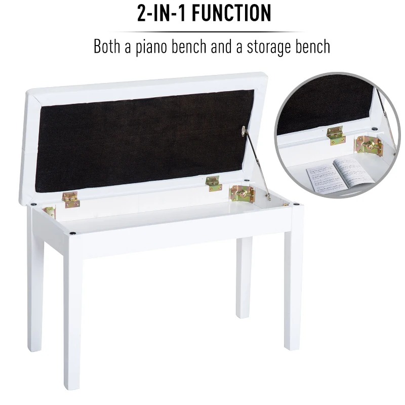 HomCom Piano Bench with Storage Faux Leather Padded Double / Duet w/ Music Storage - White