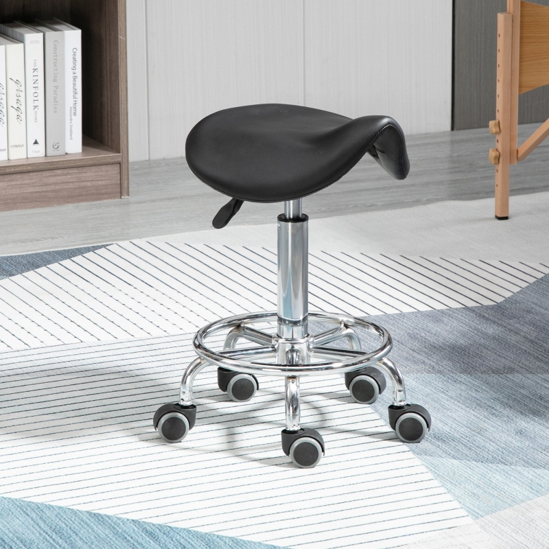 HOMCOM Saddle Stool, PU Leather Adjustable Rolling Salon Chair for Massage, Spa, Clinic, Beauty and Tattoo, Black