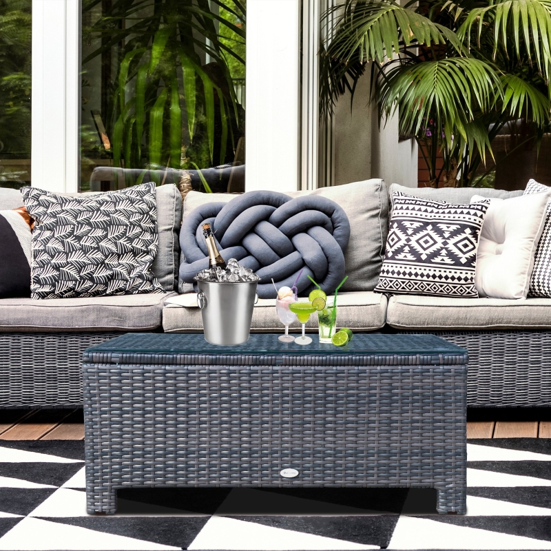 Outsunny Rattan Wicker Coffee Table with Glass Top Outdoor Garden Patio Furniture Brown