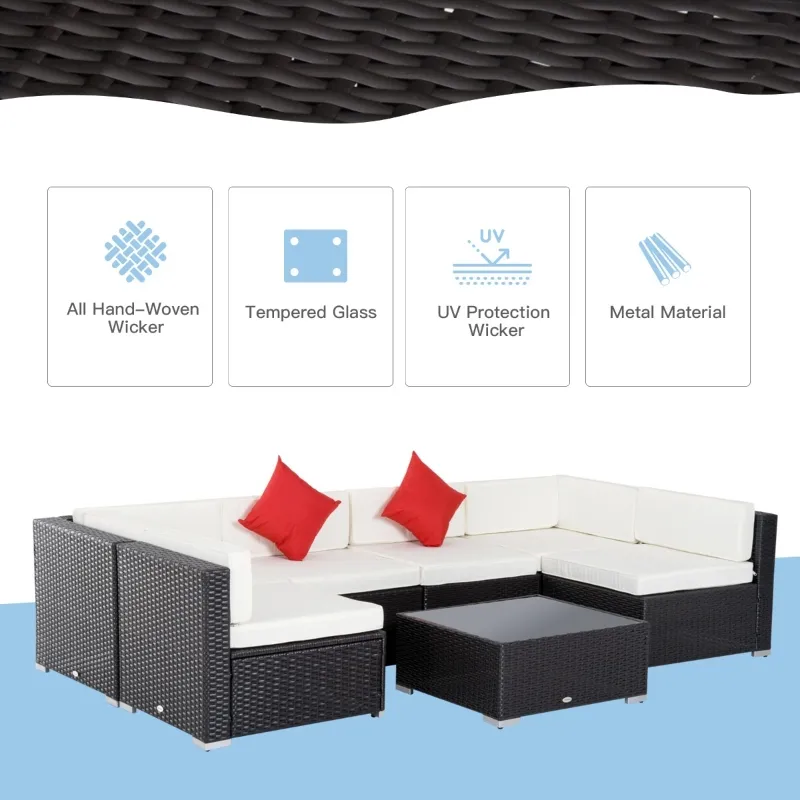 Outsunny 7Pcs Outdoor Rattan Wicker Sofa Patio Sectional Furniture Set w/ Coffee Table Cushioned Seat Garden w/ Cushion