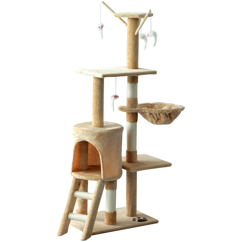 PawHut Cat Jungle Gym 52" Multi-Level Cat Tree Kitten Playhouse Kitty Activity Center Scratching Post Rest Condo with Hammock Beige