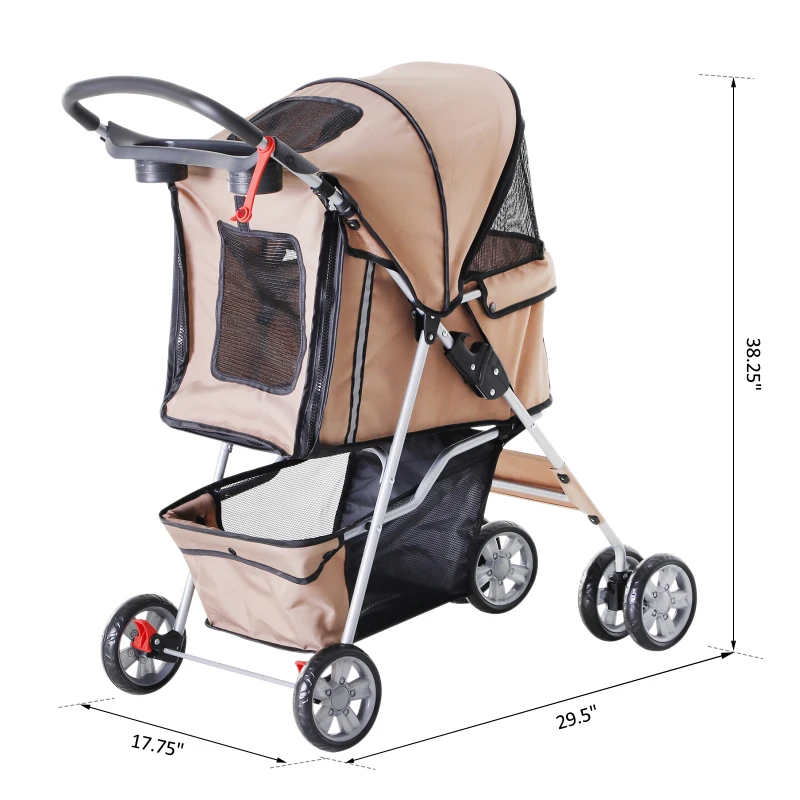 PawHut Puppy Stroller Pet Stroller Cat Dog Wheels Travel Zipper Entry Foldable Carrier Cart Cup Holder Brown