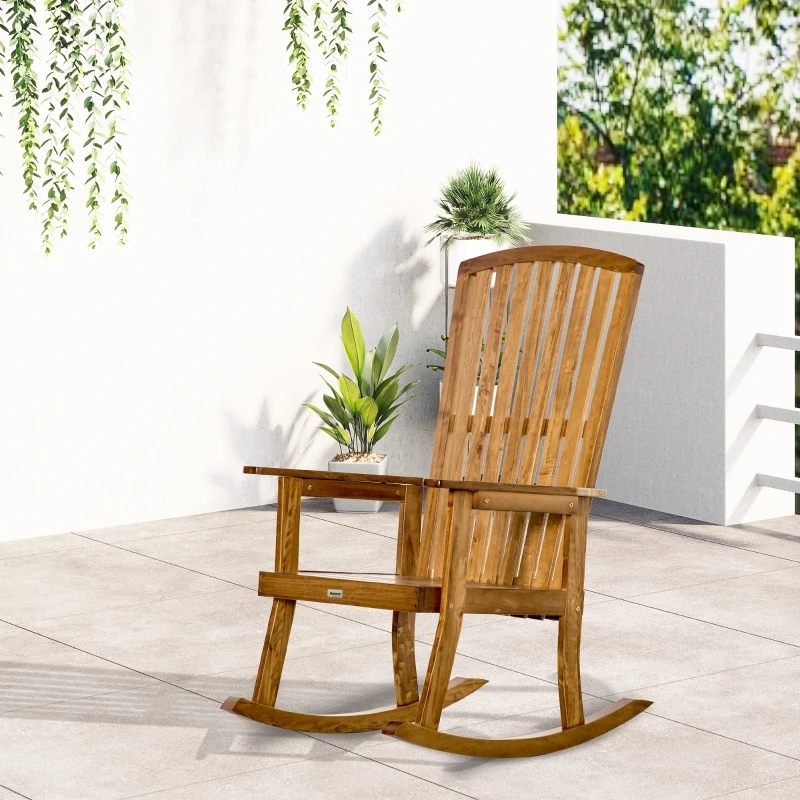 Outsunny Wooden Rocking Chair, Traditional Porch Rocker, Fade-Resistant Patio Rocker Chair for Outdoor Indoor Use, Natural