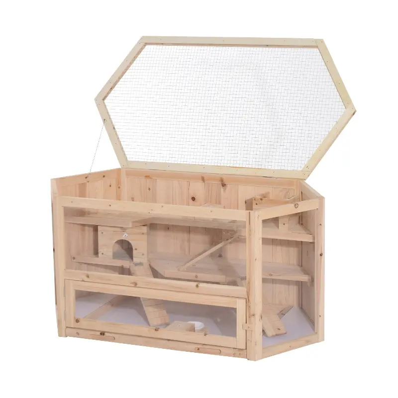 PawHut Big Hamster Cages Fir Wood Hamster Cage Mouse Rats Small Animal Exercise Play House 3 Tier with Slide Activity Center