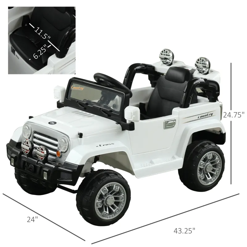Aosom 12V Power Wheels Jeep Electric Cars Ride On Toy Truck With Remote Control For 3-6 Years Old Kids 2 Speeds Lights Mp3 Lcd Indicator White