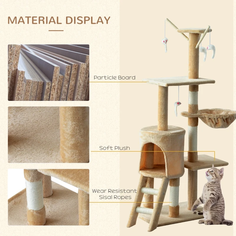 PawHut Cat Jungle Gym 52" Multi-Level Cat Tree Kitten Playhouse Kitty Activity Center Scratching Post Rest Condo with Hammock Beige