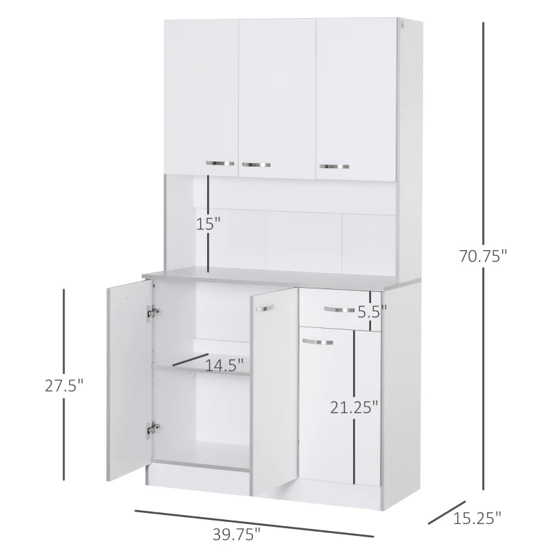 HOMCOM White Kitchen Cupboards 71” Buffet Server Microwave Storage Cabinet Hutch- White