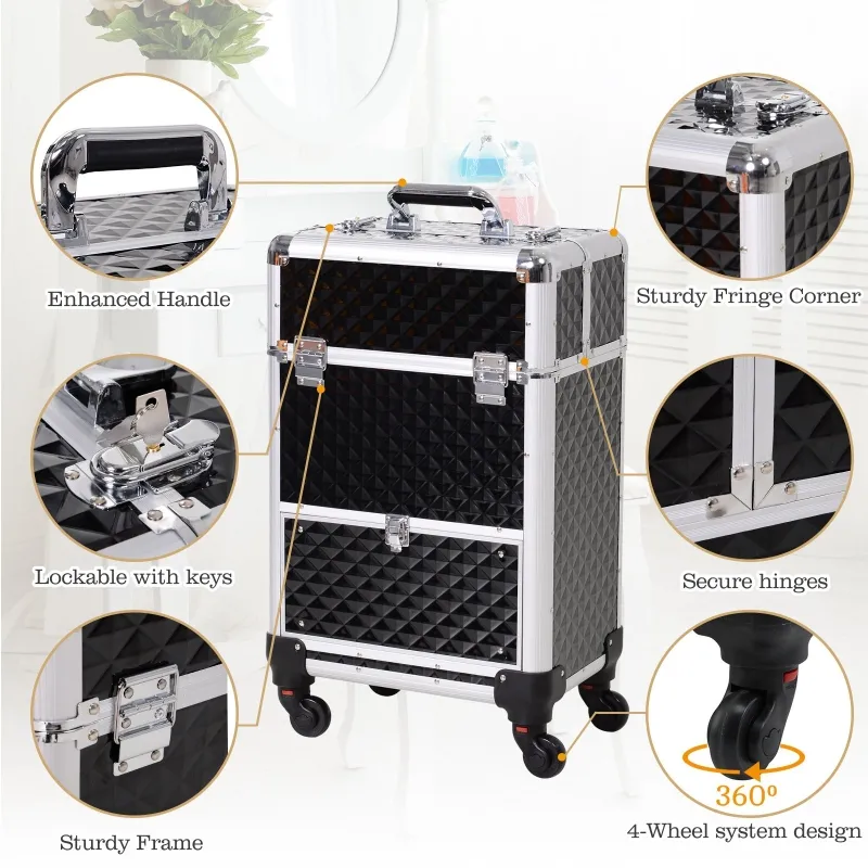 Homcom Makeup Case 20”Train Pro Aluminum Rolling Train Case Wheeled Box Upright Studded Black