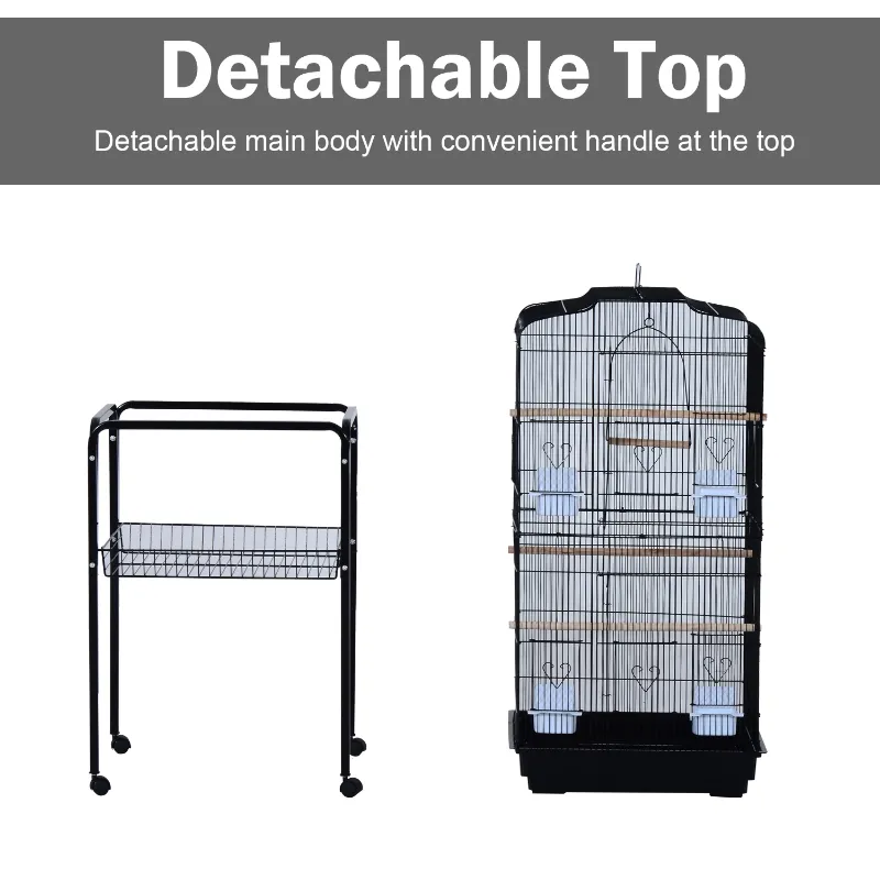 PawHut Budgie Cage 63" Rolling Bird Cage Macaw Cockatoo House Parrot Play Top Finch Pet Supply with Wheels Black