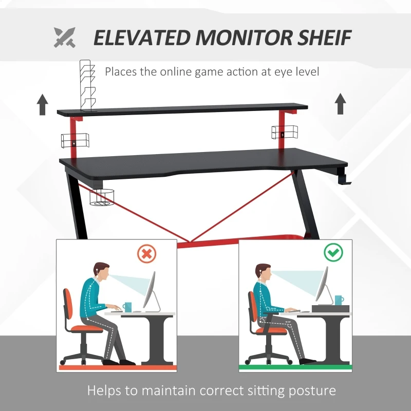 HOMCOM 47 inch Gaming Desk, Racing Style Computer Table for Home, PC Workstation with Rotatable Cup Holder Gamepad Holder Speaker Stand Headphone Hook Wire Port, Black