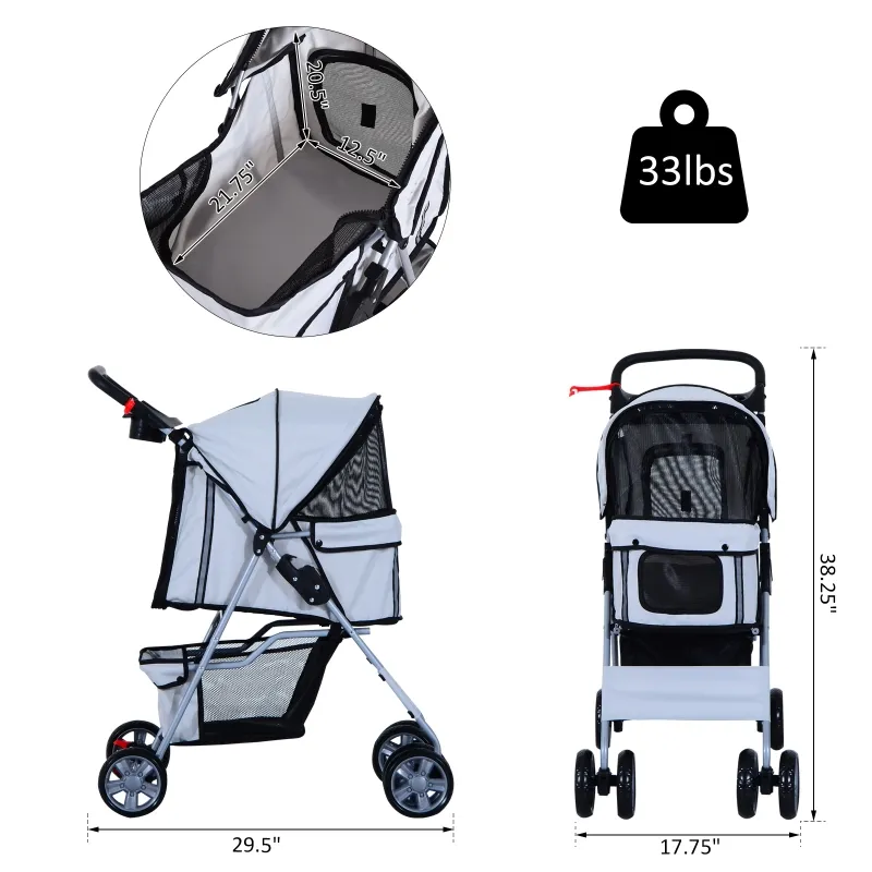PawHut Jogging Stroller 4 Wheel Pet Stroller Carrier Folding Sunshade Oxford Cloth Canopy w/Brake Lightweight Reflective Strip Grey