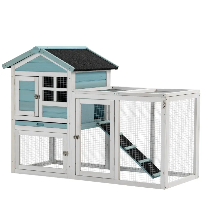 PawHut 102" 2 in 1 Wooden Rabbit Hutch Double Main House Pet Playpen Large Bunny House Enclosure for Indoor Outdoor with Run Box, Slide-out Tray, Ramp, for Rabbits and Small Animals, Blue