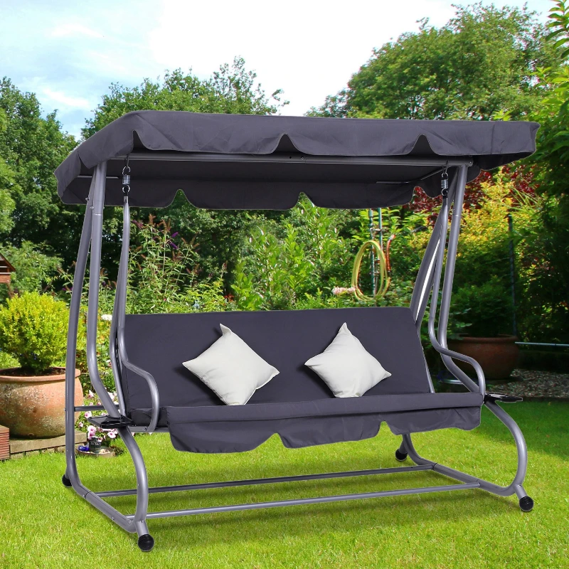 [Pick UP] Outsunny Heavy-duty Metal 3 Seater Covered Outdoor Swing Chair Garden Hammock and Bed with Frame, Canopy and 2 Pillows (Grey)