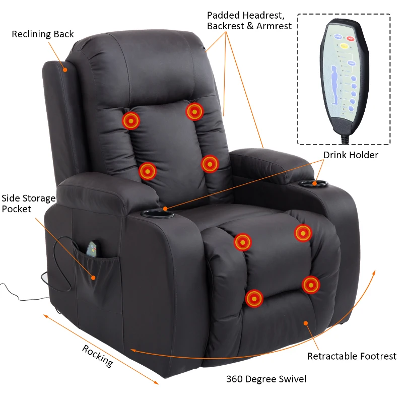 HOMCOM Faux Leather Vibrating Massage Recliner Chair with Remote Brown (No Heat)