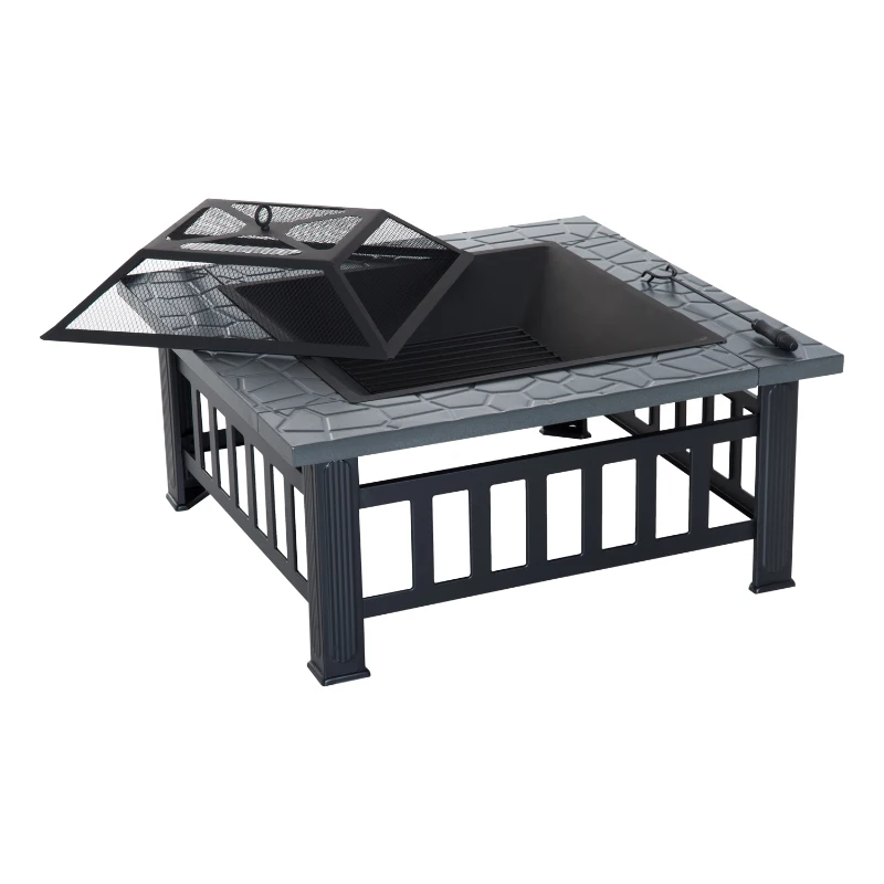 Outsunny Metal Fire Pit Square Fire Fit 32Inch Outdoor Steel Firepit Backyard Patio Garden Stove w/ Rain Cover