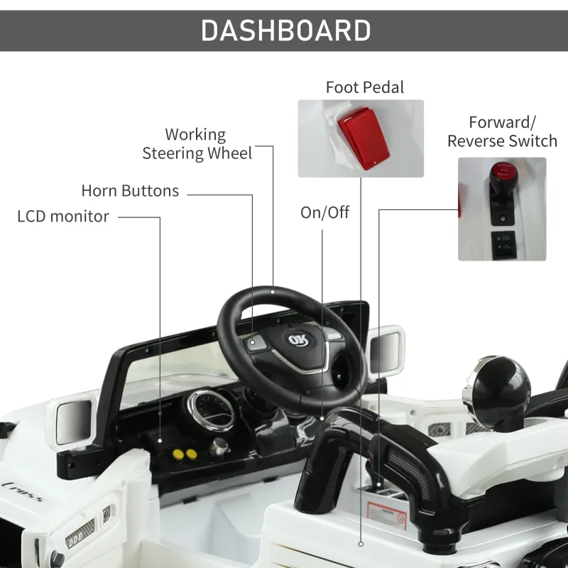 Aosom 12V Power Wheels Jeep Electric Cars Ride On Toy Truck With Remote Control For 3-6 Years Old Kids 2 Speeds Lights Mp3 Lcd Indicator White