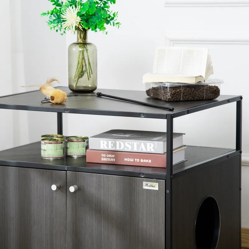 PawHut Cat Litter Box Enclosure Hidden Cat Furniture Cabinet Indoor Cat Washroom Double-door Nightstand End Table with Cat Hole Storage Shelf Black