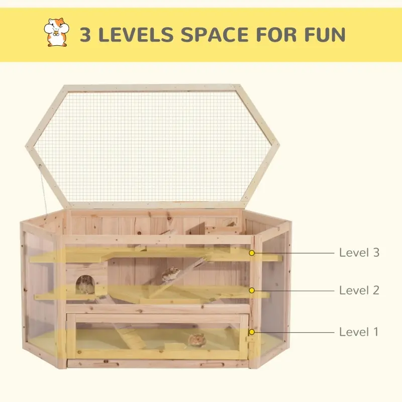 PawHut Big Hamster Cages Fir Wood Hamster Cage Mouse Rats Small Animal Exercise Play House 3 Tier with Slide Activity Center