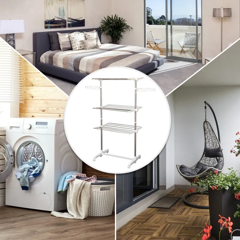 HOMCOM 3-Tier Clothes Drying Rack Foldable Laundry Dryer Hanger Airer Compact Storage Stainless Steel Hanging Rods
