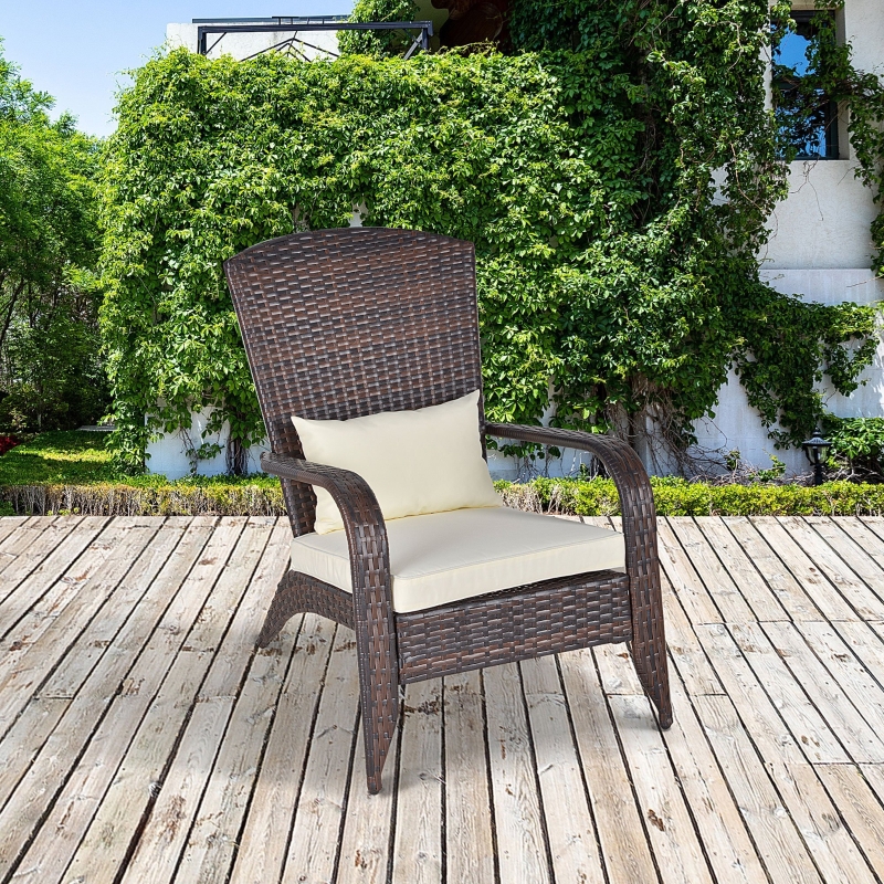 Outsunny Outdoor Classic Rattan Adirondack Deck Chair Armrest Lounge Chair with Cushion White