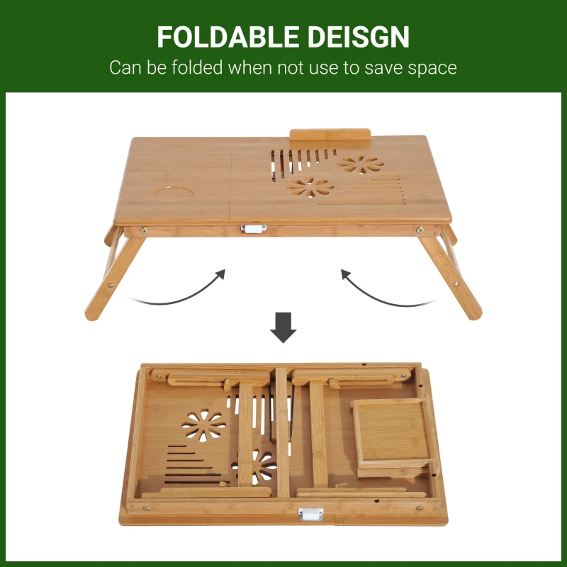 HOMCOM Study Desk Foldable Bamboo Wood Laptop Stand Notebook Table with Drawer Adjustable Cooling Bed and Legs