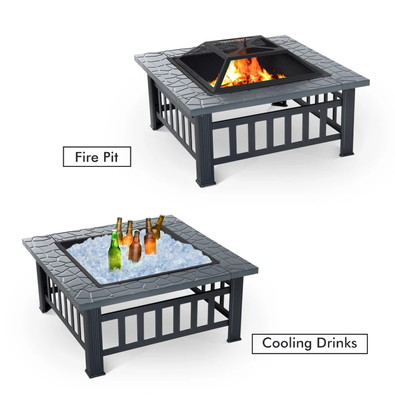 Outsunny Metal Fire Pit Square Fire Fit 32Inch Outdoor Steel Firepit Backyard Patio Garden Stove w/ Rain Cover