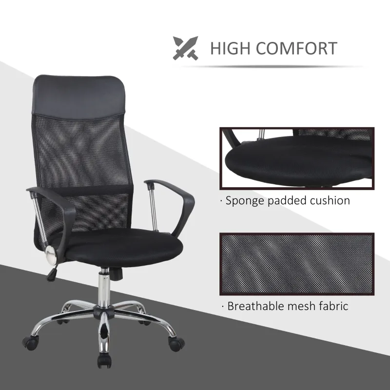 HOMCOM Office Chair High Back Ergonomic Mesh Swivel Computer Executive Desk Armchair Height Adjustable with Wheels, Black