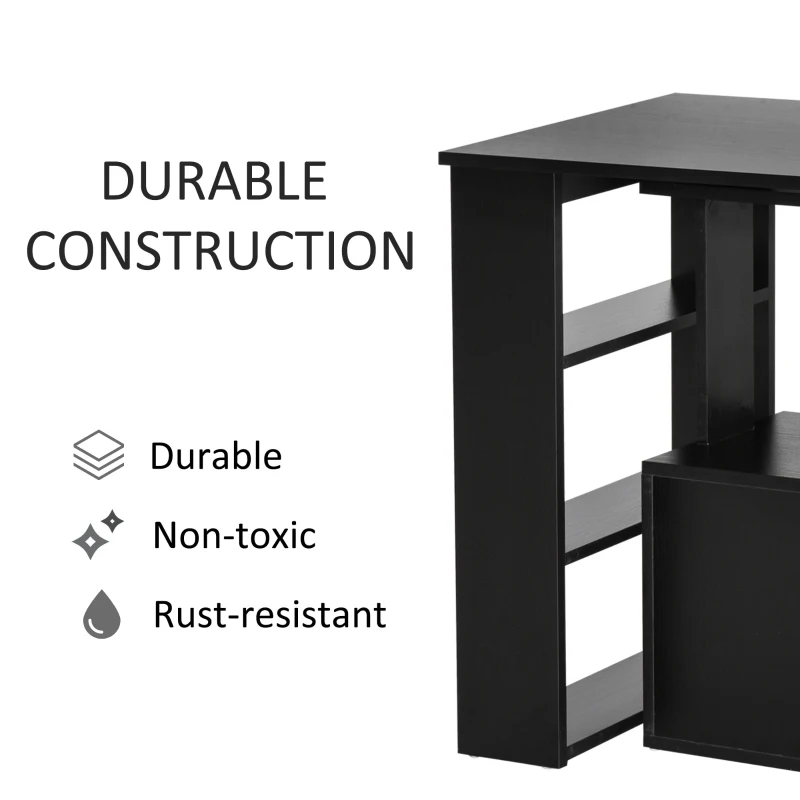 HOMCOM L-shaped Table 360° Rotating Corner Desk L-Shaped PC Workstation Student Writing Table w/ Storage Shelf Home Office Black