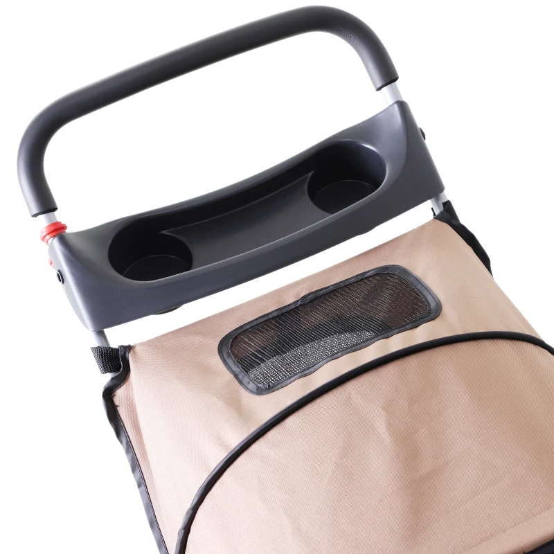 PawHut Puppy Stroller Pet Stroller Cat Dog Wheels Travel Zipper Entry Foldable Carrier Cart Cup Holder Brown