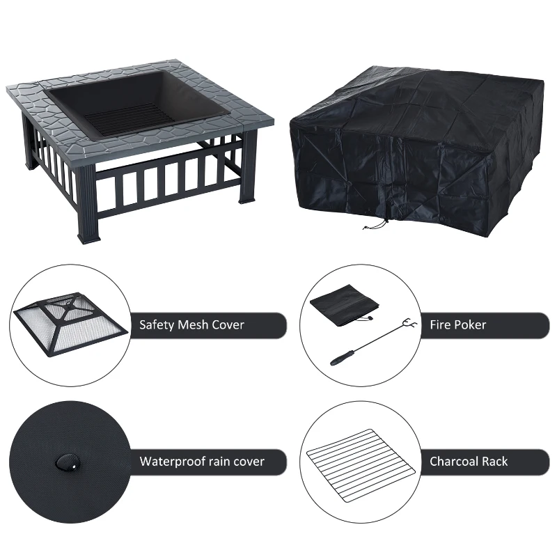 Outsunny Metal Fire Pit Square Fire Fit 32Inch Outdoor Steel Firepit Backyard Patio Garden Stove w/ Rain Cover
