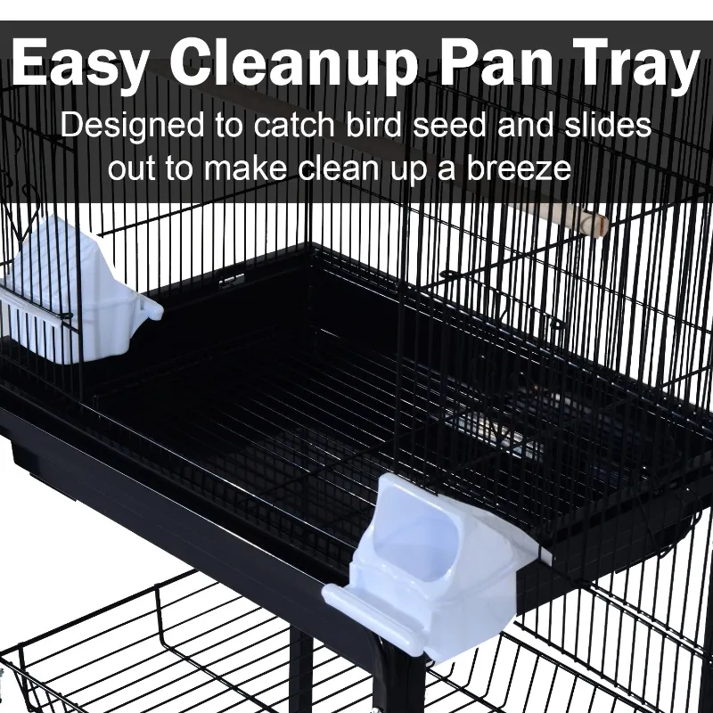 PawHut Budgie Cage 63" Rolling Bird Cage Macaw Cockatoo House Parrot Play Top Finch Pet Supply with Wheels Black