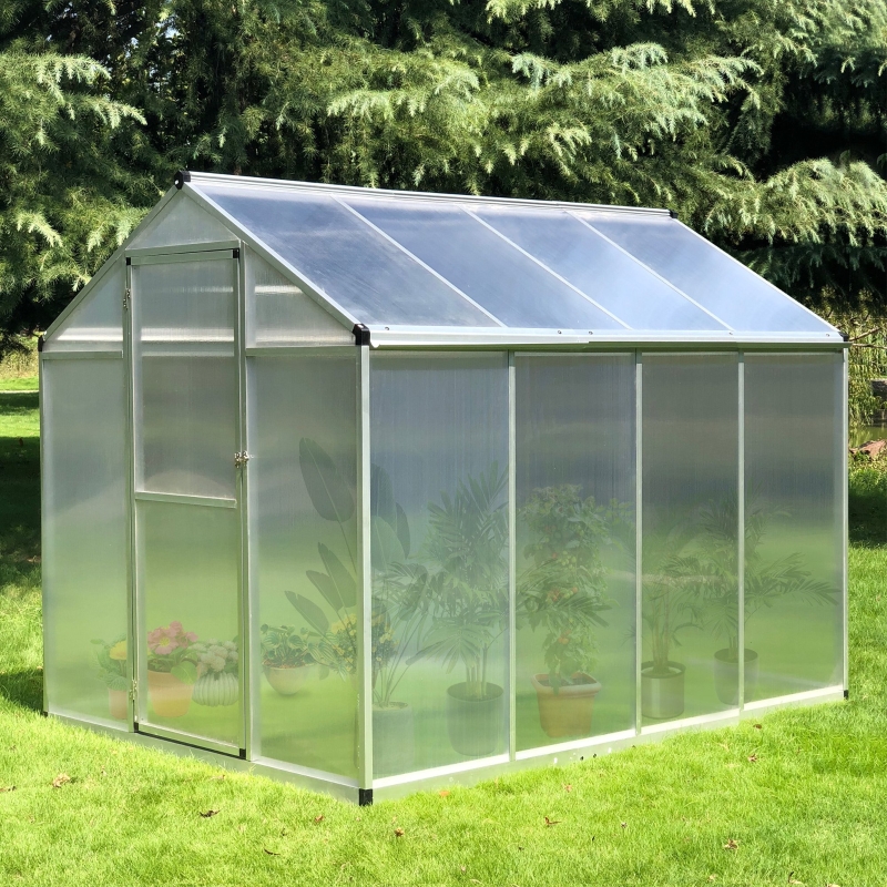 Outsunny 8' L x 6' W Walk-In Polycarbonate Greenhouse with Roof Vent for Ventilation & Rain Gutter, Hobby Greenhouse for Winter