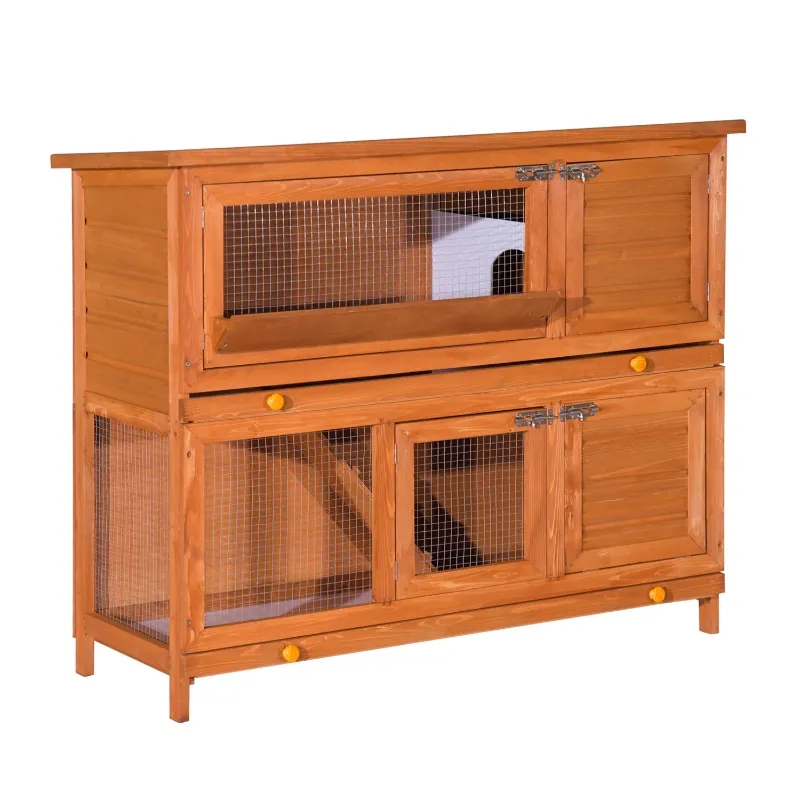 PawHut Bunny Hutch 2 Tier Elevated Wooden Rabbit Bunny House Chicken Coop Small Animal Cage w/ Sliding-Out Tray