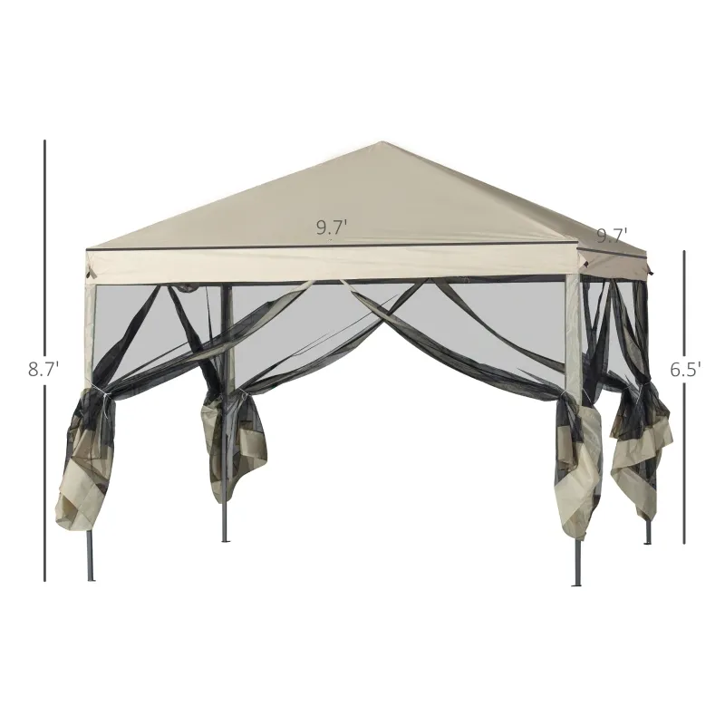Outsunny 10' x 10' Pop Up Canopy Tent Gazebo with Removable Mesh Sidewall Netting, Carry Bag for Backyard Patio Outdoor, Beige