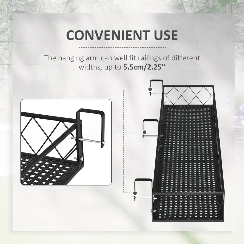 Outsunny 43'' x 12'' Hanging Flower Pot Stand Rack with Hooks, Metal Plant Pot Holder, Railing Shelf, Windows Decorate for Outdoor Garden Balcony Fence Patio