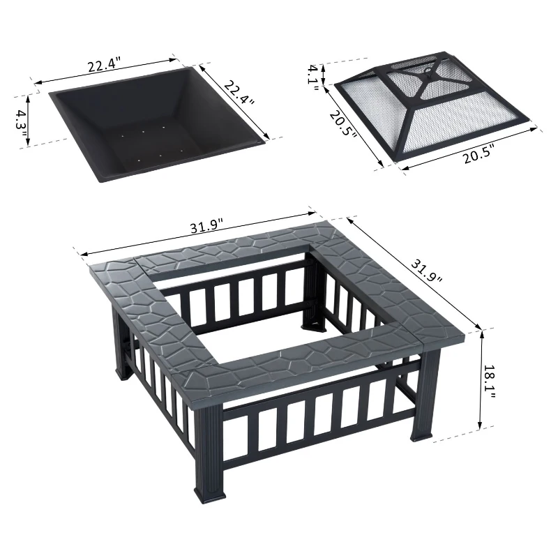 Outsunny Metal Fire Pit Square Fire Fit 32Inch Outdoor Steel Firepit Backyard Patio Garden Stove w/ Rain Cover
