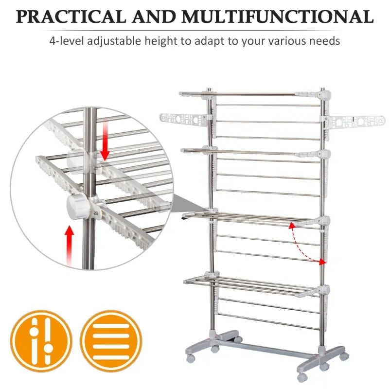 HOMCOM 4 Layers Folding Laundry Rack Stand Dryer Storage Towel Rack Rolling