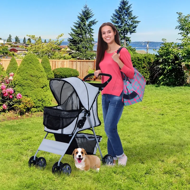PawHut Jogging Stroller 4 Wheel Pet Stroller Carrier Folding Sunshade Oxford Cloth Canopy w/Brake Lightweight Reflective Strip Grey